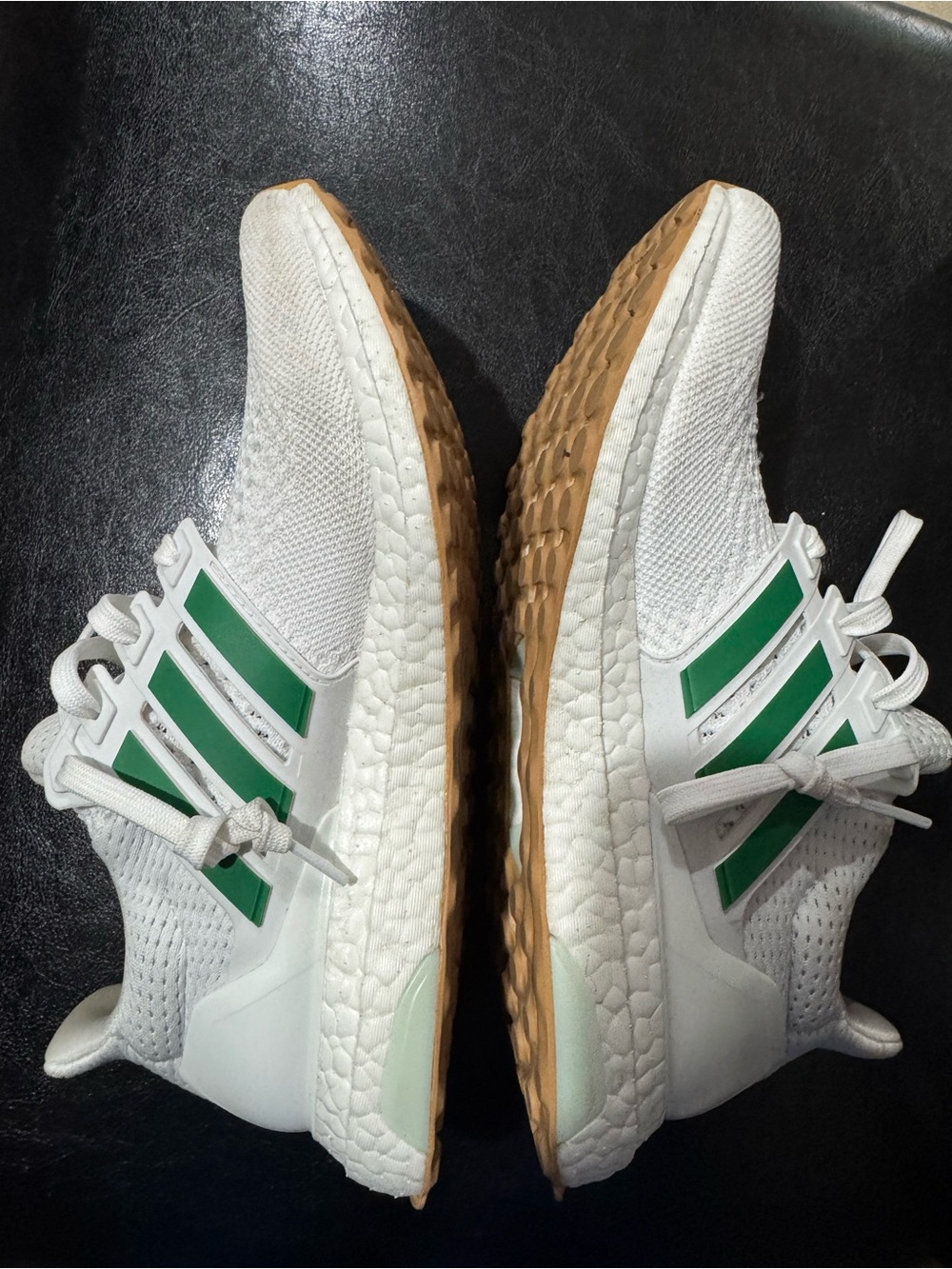 Adidas Ultra Boost White Knit Sneakers with Green Stripes and Gum Outsole
